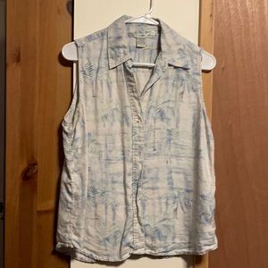 Silk sleeveless palm tree floral print blouse